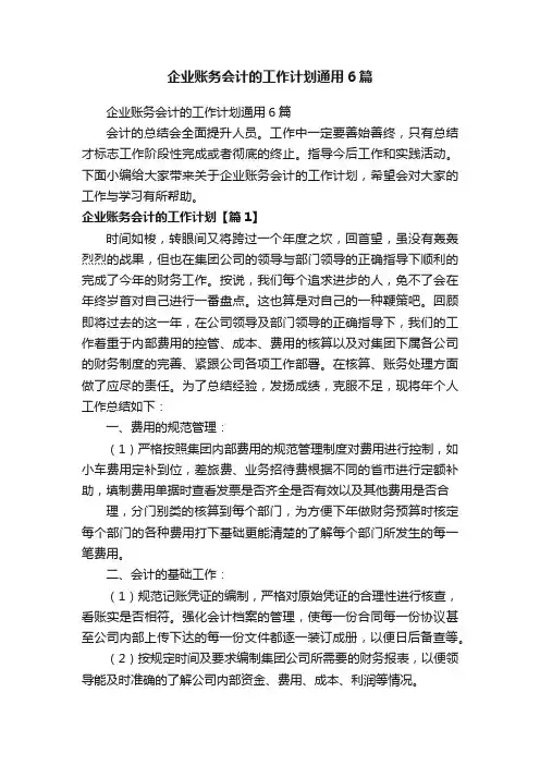 企业账务会计的工作计划通用6篇