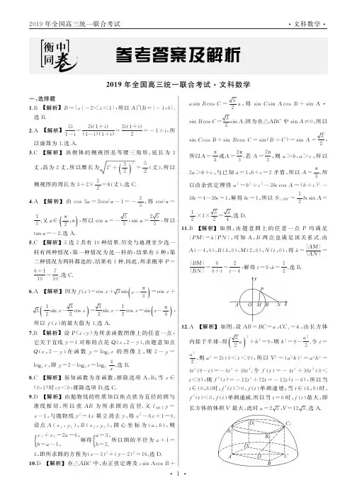 河北省衡水中学2019届高三下学期大联考卷Ⅰ文数Ⅰ答案