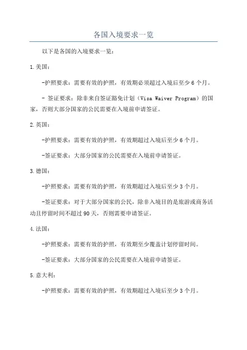 各国入境要求一览