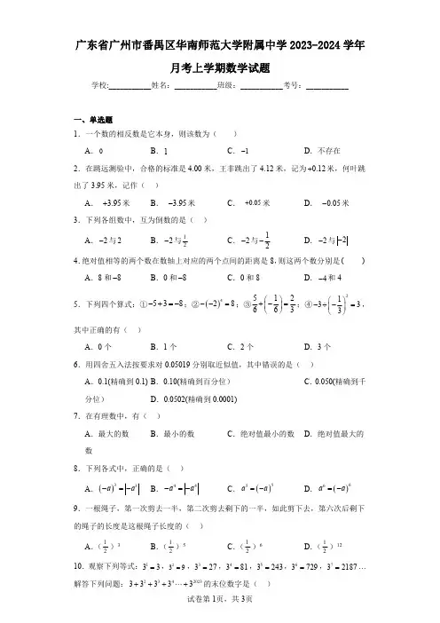 广东省广州市番禺区华南师范大学附属中学2023-2024学年月考上学期数学试题