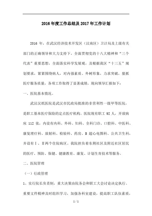 汉纸医院2016年度工作总结总结