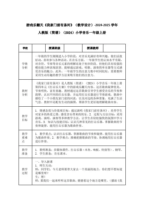《我家门前有条河》(教学设计)-2024-2025学年人教版(简谱)(2024)小学音乐一年级上册