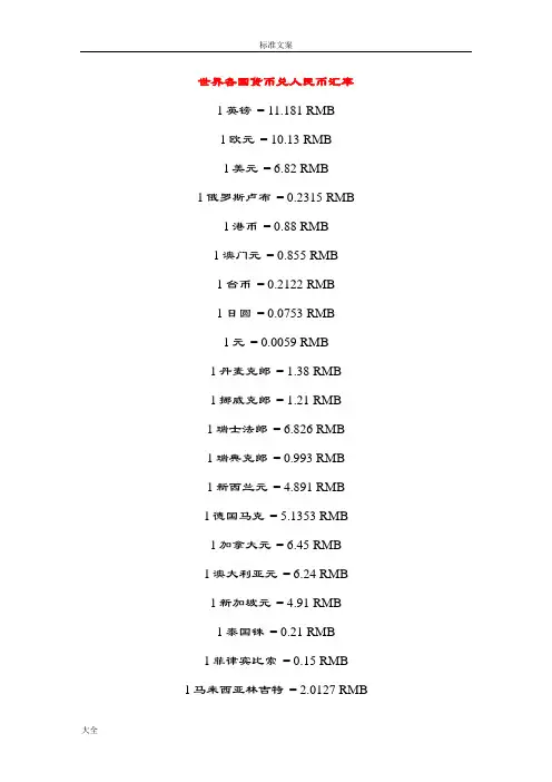 各国货币兑人民币汇率表