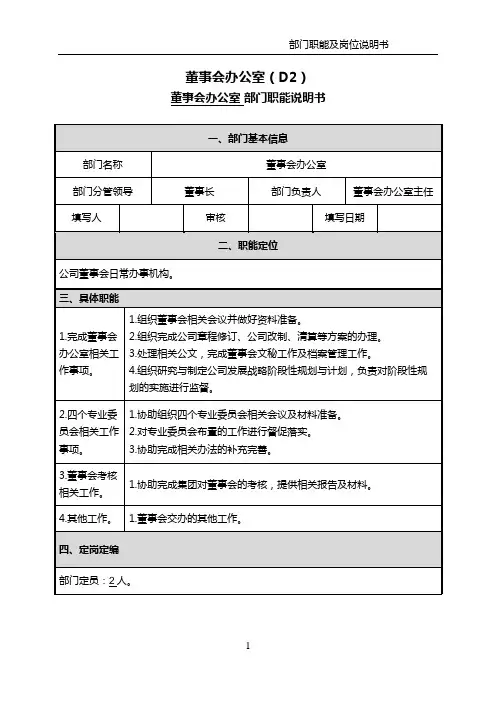 董事会办公室内部控制部门职能及岗位说明书