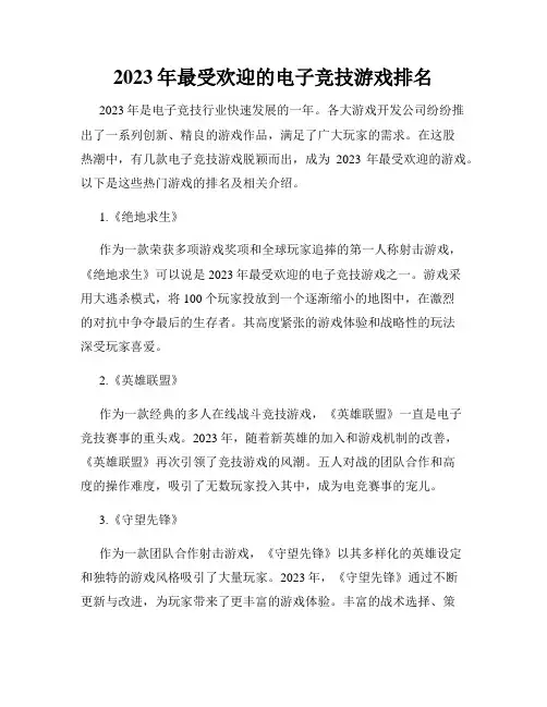 2023年最受欢迎的电子竞技游戏排名