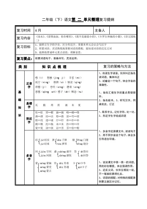 二年级语文下第二单元复习提纲