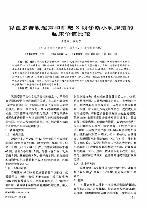 彩色多普勒超声和钼靶X线诊断小乳腺癌的临床价值比较
