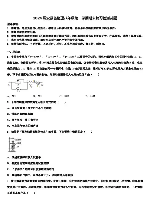 2024届安徽省物理八年级第一学期期末复习检测试题含解析