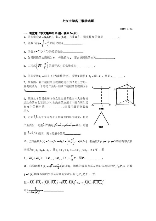 上海市七宝中学2019届高三月考数学试卷2019.3.25简略答案.doc