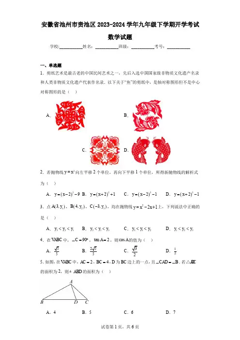 安徽省池州市贵池区2023-2024学年九年级下学期开学考试数学试题