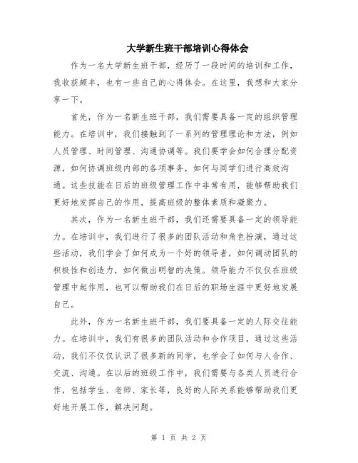 大学新生班干部培训心得体会
