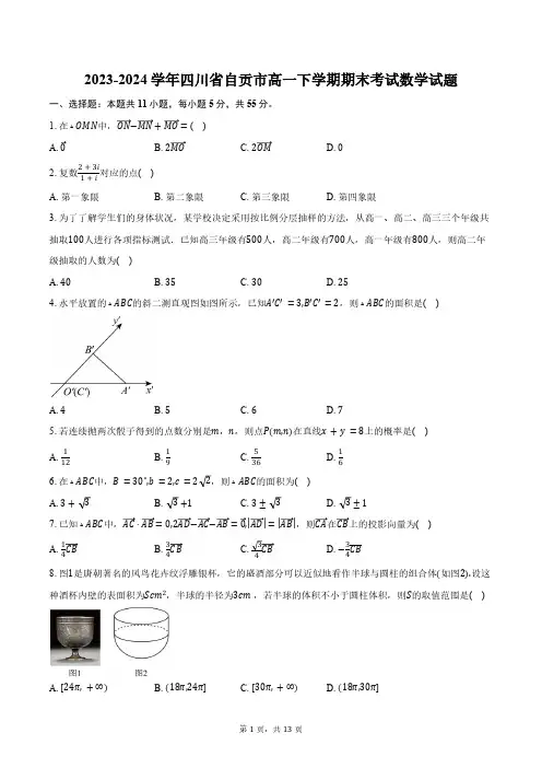 2023-2024学年四川省自贡市高一下学期期末考试数学试题(含解析)