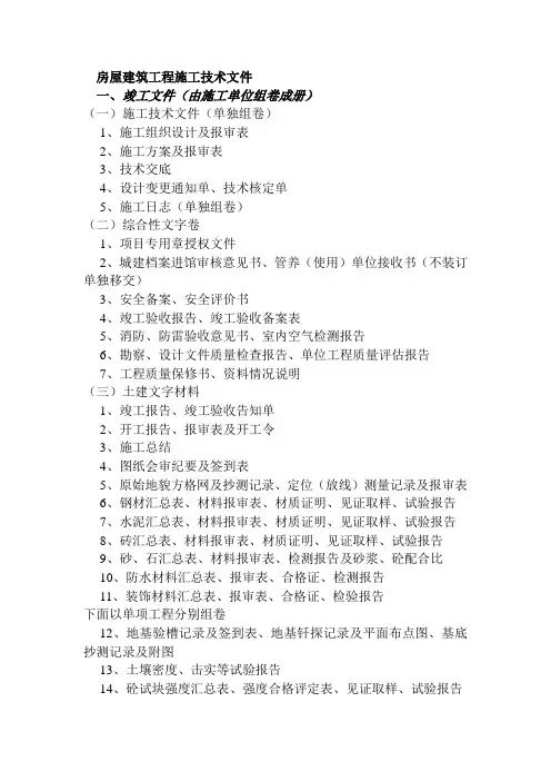 工程竣工移交组卷资料清单