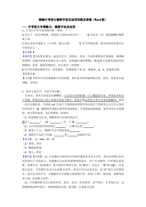 部编中考语文修辞手法及运用训练及答案(Word版)