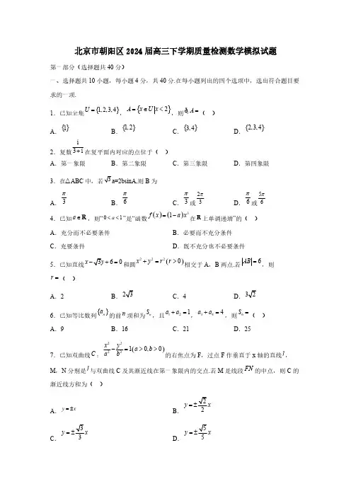 北京市朝阳区2024届高三下学期质量检测数学模拟试题(含答案)