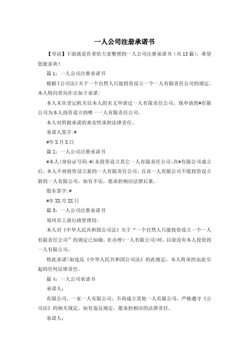 一人公司注册承诺书