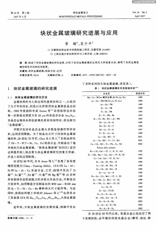 块状金属玻璃研究进展与应用