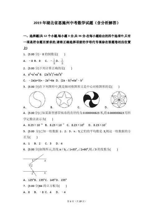 2019年湖北省恩施州中考数学试题(含分析解答)