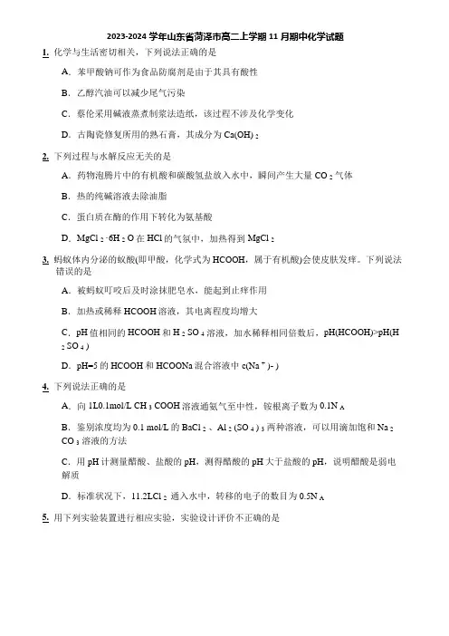 2023-2024学年山东省菏泽市高二上学期11月期中化学试题