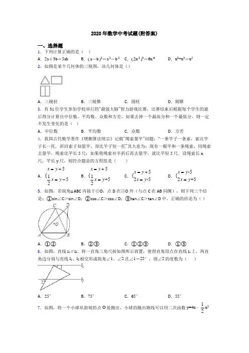 2020年数学中考试题(附答案)