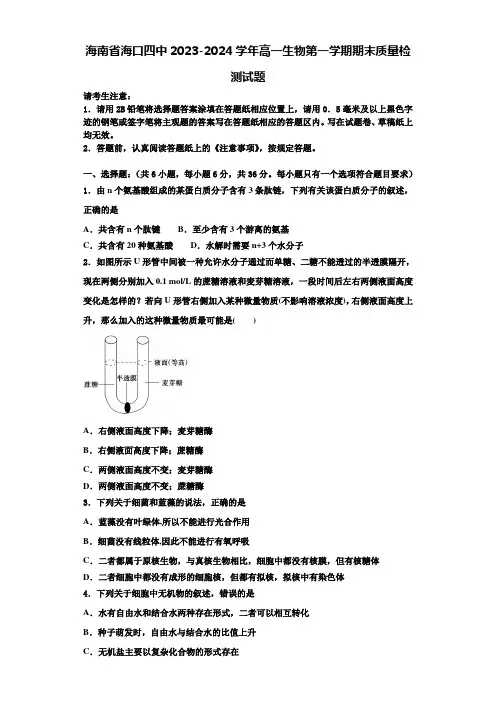 海南省海口四中2023-2024学年高一生物第一学期期末质量检测试题含解析