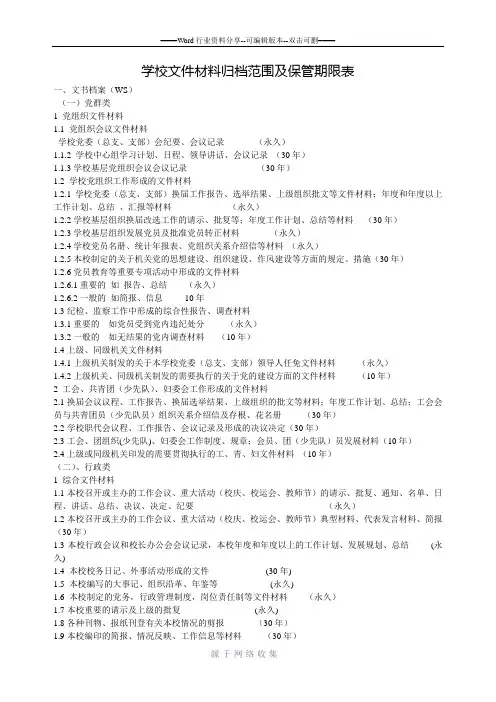 学校文件材料归档范围及保管期限表