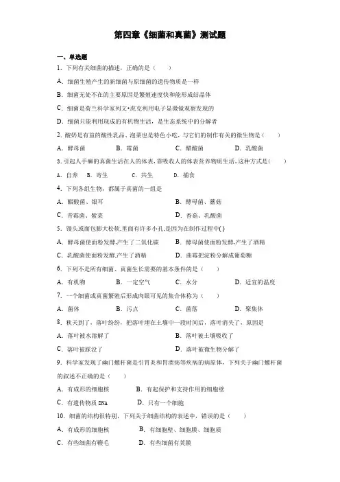 人教版生物八年级上第五单元第四章《细菌和真菌》测试题(含答案)