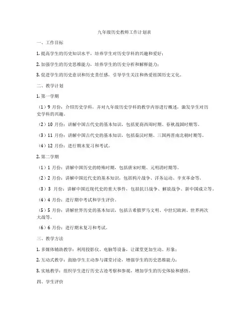 九年级历史教师工作计划表