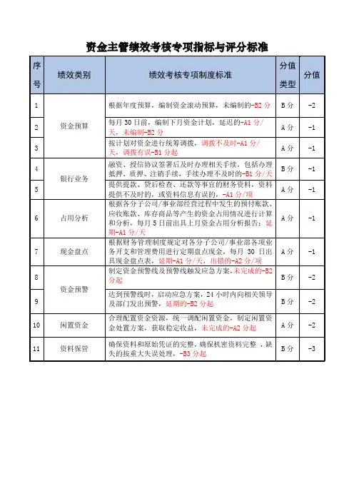 资金主管绩效考核专项指标与评分标准
