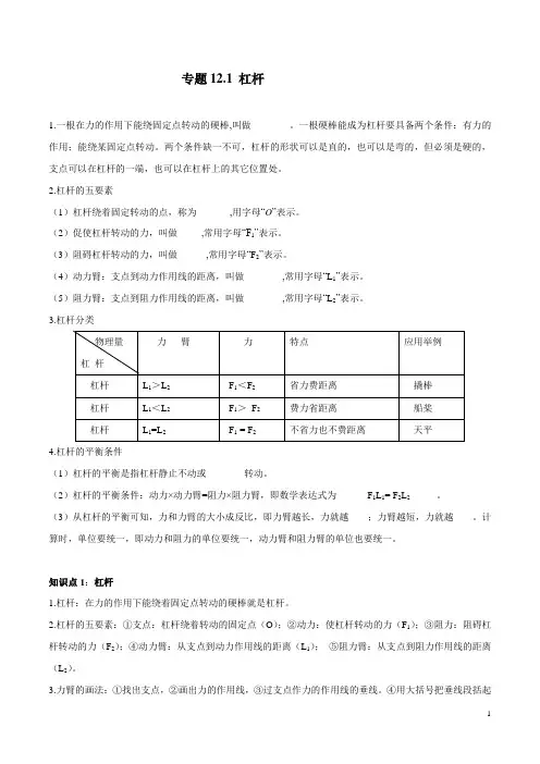 八年级下册物理专项测试题 专题12.1 杠杆
