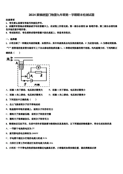 2024届福建厦门物理九年级第一学期期末检测试题含解析