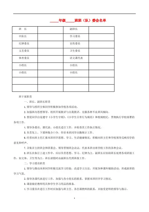 班主任必备班级文化建设班委会名单