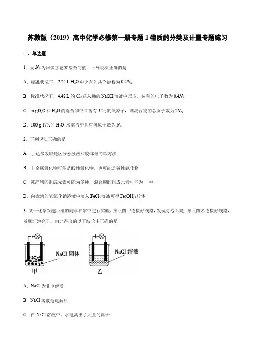 苏教版(2019)高中化学必修第一册专题1物质的分类及计量专题练习