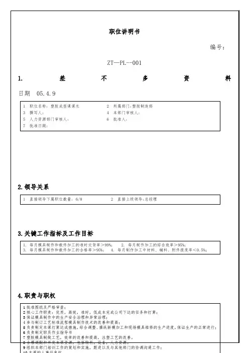 电器各部门课长职位说明书