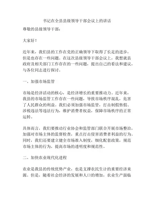 书记在全县县级领导干部会议上的讲话