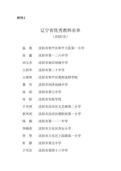 2015年辽宁省优秀教师名单
