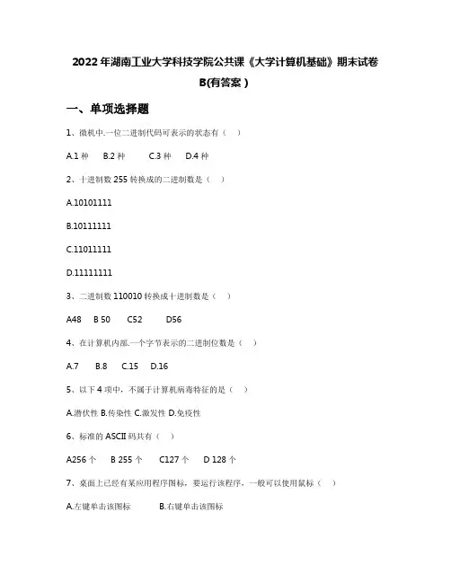 2022年湖南工业大学科技学院公共课《大学计算机基础》期末试卷B(有答案)