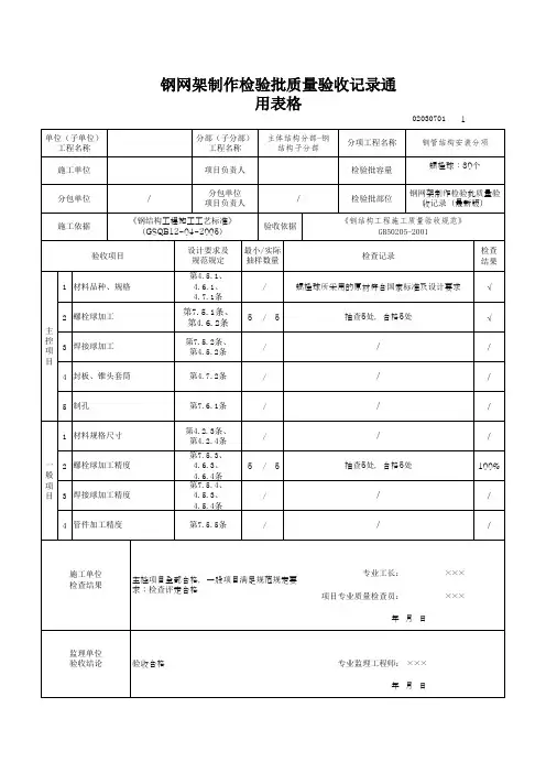 钢网架制作检验批质量验收记录通用表格