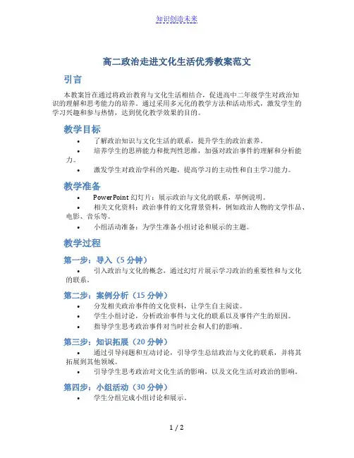 高二政治走进文化生活优秀教案范文