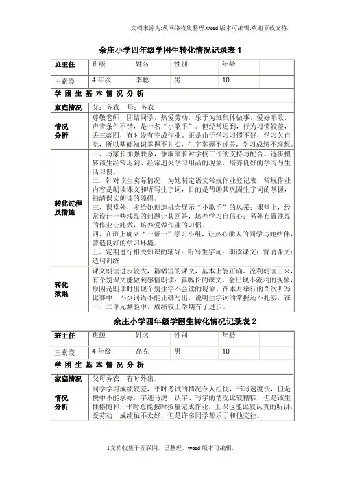 余庄小学四年级学困生转化情况记录表