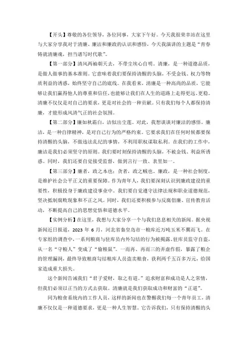 《青春铸就清廉魂,担当谱写时代歌》清廉主题演讲稿