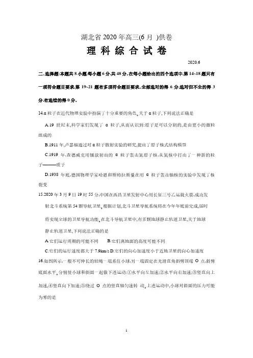 湖北省2020年高三6月供卷理综物理试题 含答案