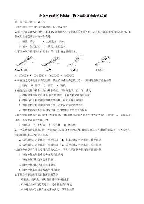 北京市西城区七年级生物上学期期末考试试题新人教版
