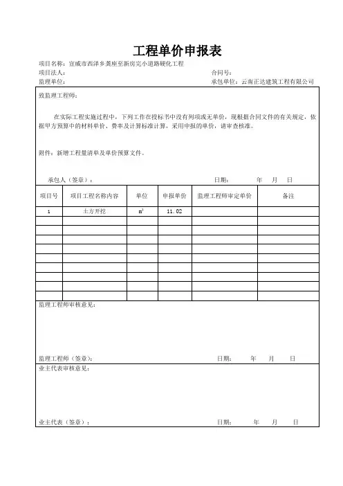 工程单价申报表