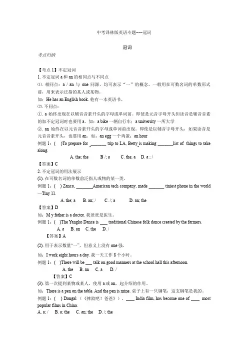 中考译林版英语专题---冠词