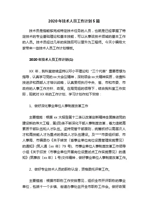 2020年技术人员工作计划5篇