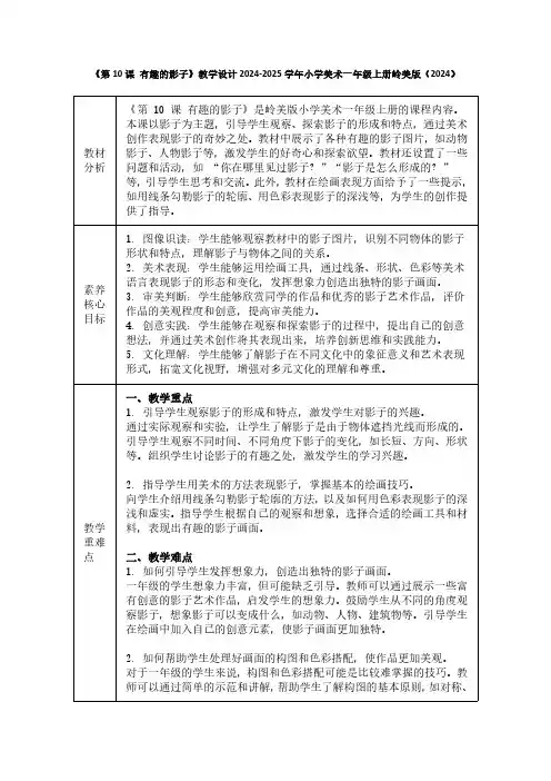 《第10课 有趣的影子》教学设计2024-2025学年小学美术一年级上册岭美版(2024)