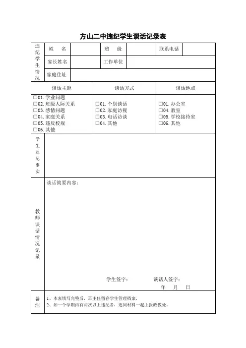 方山二中学生违纪处理登记表