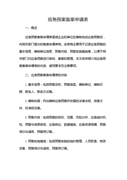 应急预案备案申请表