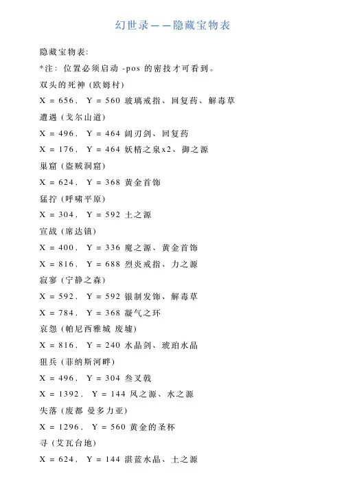 幻世录——隐藏宝物表